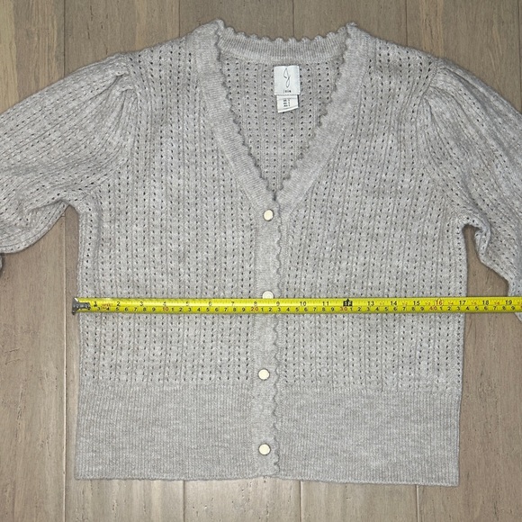 Joie Delicate Heathered Tan Cardigan, Pearly Buttons, Scalloped V-Neck - Picture 6 of 7